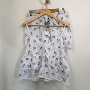 Joie Pajama Set Women Medium White 100% Cotton  Embroidered Ruffle Floral Lace